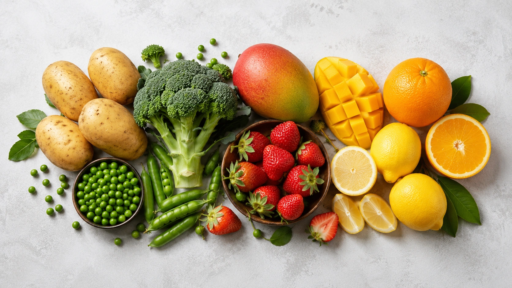 Mango, strawberry, broccoli, potatoes, peas, lemon and orange from the MS GROUP range